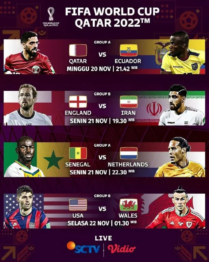 Catat! Jadwal Piala Dunia 2022 Hari Ini: Inggris vs Iran, Senegal vs Belanda, dan Amerika Serikat vs Wales